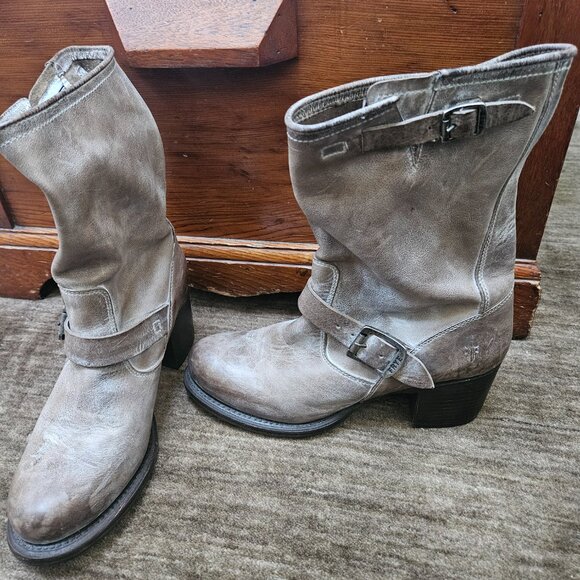 Frye Women's Engineer Harness Boot 8 B Stacked Heel Taupe Grey - Picture 2 of 6